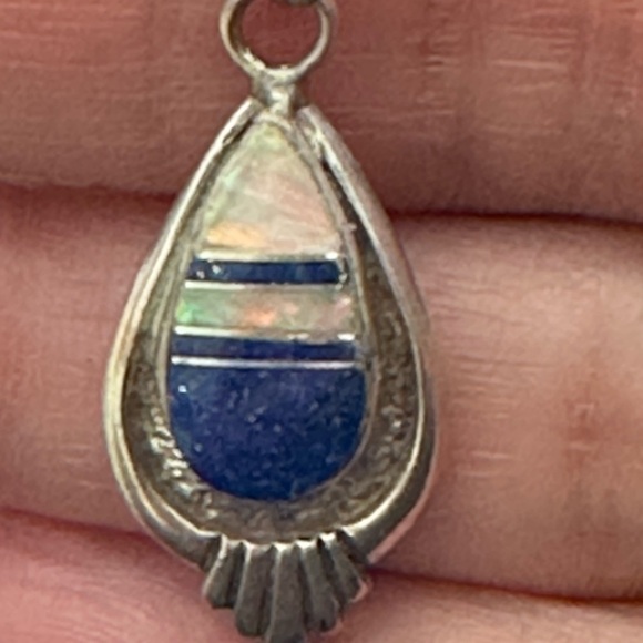 Opal And Lapis Bezel Set Sterling 925 inlay Pendant Necklace Signed VTG 4250 W - Picture 2 of 16